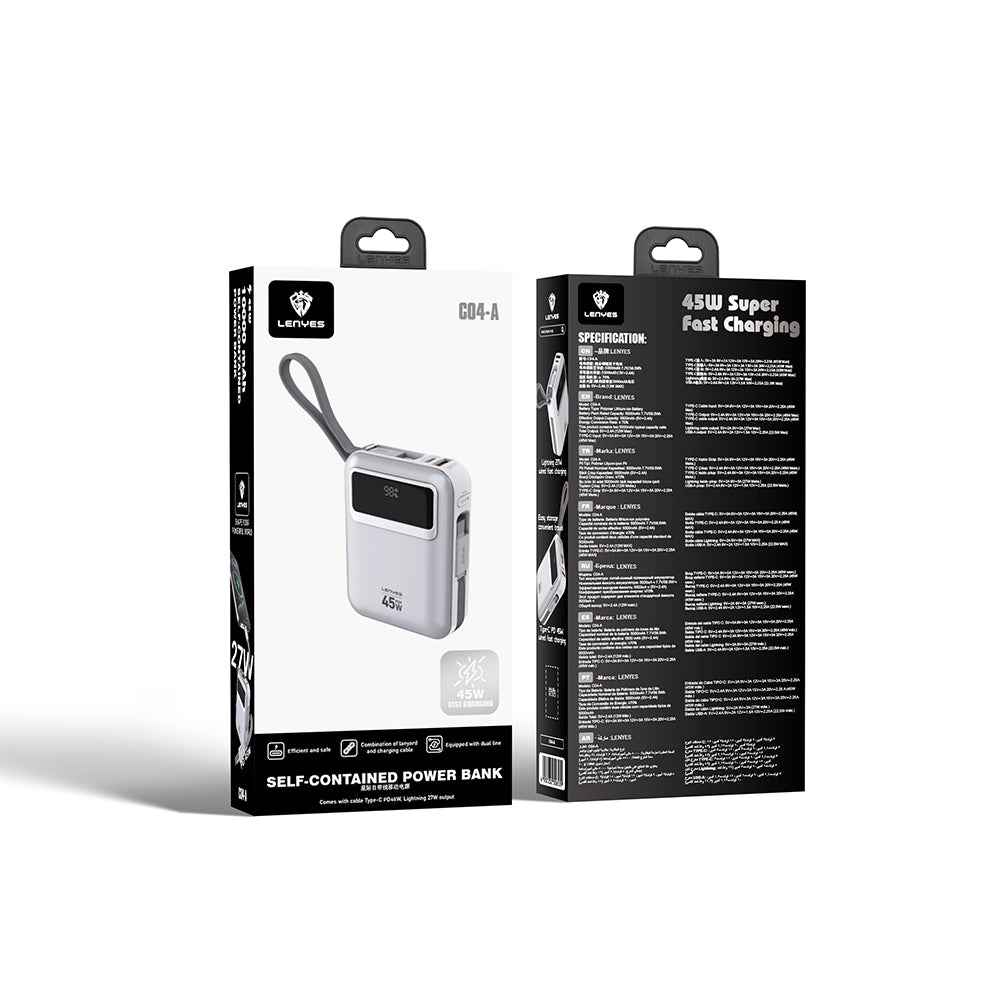 Lenyes C04-A Dijital LED Göstergeli Type-C ve Lightning Kablolu Powerbank 45W 5000mAh