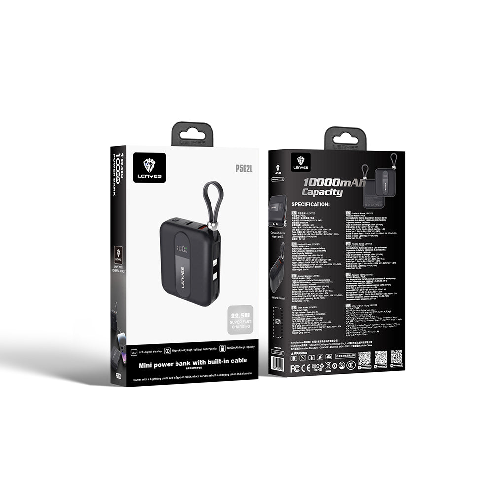Lenyes P562L Dijital LED Göstergeli Type-C ve Lightning Kablolu Powerbank 22.5W 10000mAh