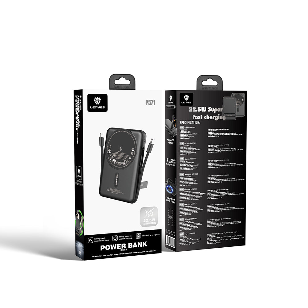 Lenyes P571 PD 22.5W Standlı M-safe Şarj Özellikli Type-C ve Lightning Kablolu Powerbank 15W 10000mAh