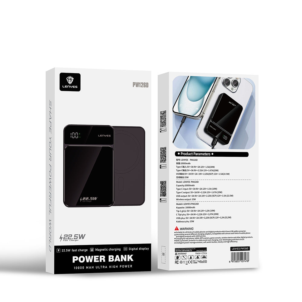 Lenyes PW126D Dijital LED Ekranlı Kablosuz Şarj Özellikli Powerbank 22.5W 10.000mAh