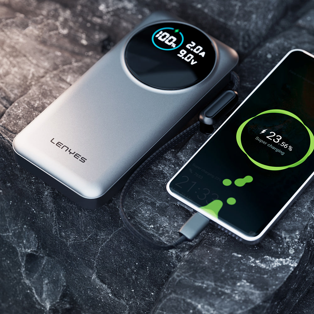 Lenyes PX1004D Dijital LED Ekranlı Lightning Kablolu Powerbank 22.5W 10.000mAh