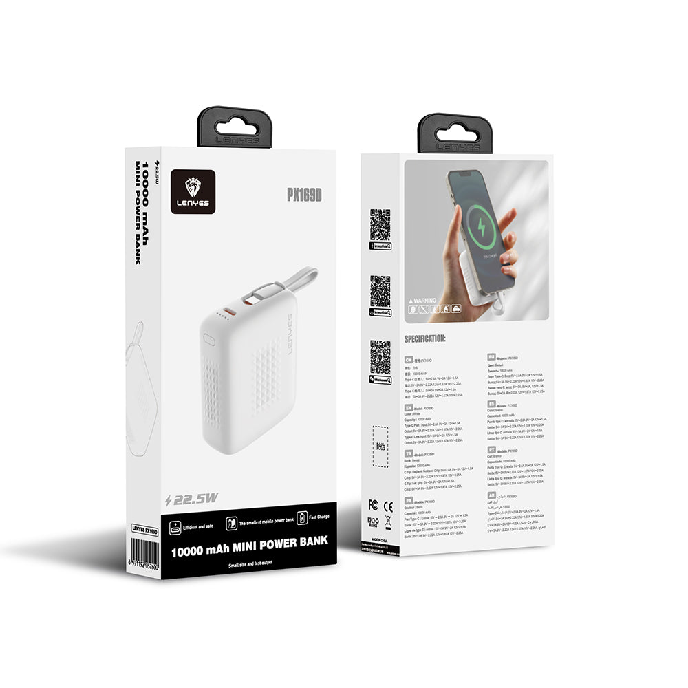Lenyes PX169D PD 22.5W Hızlı Şarj Özellikli LED Göstergeli Type-C Kablolu Mini Taşınabilir Powerbank 10000mAh