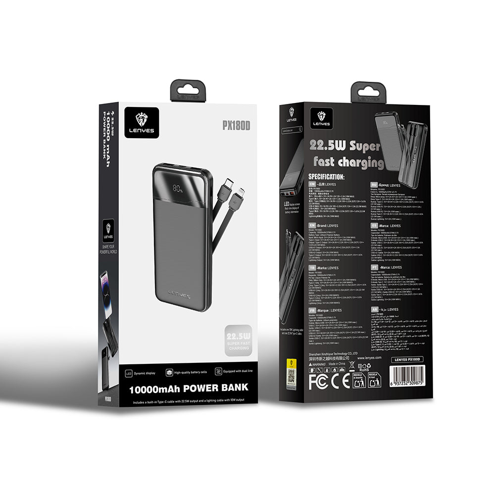 Lenyes PX180D Dijital LED Ekranlı Type-C ve Lightning Kablolu Powerbank 22.5W 10.000mAh