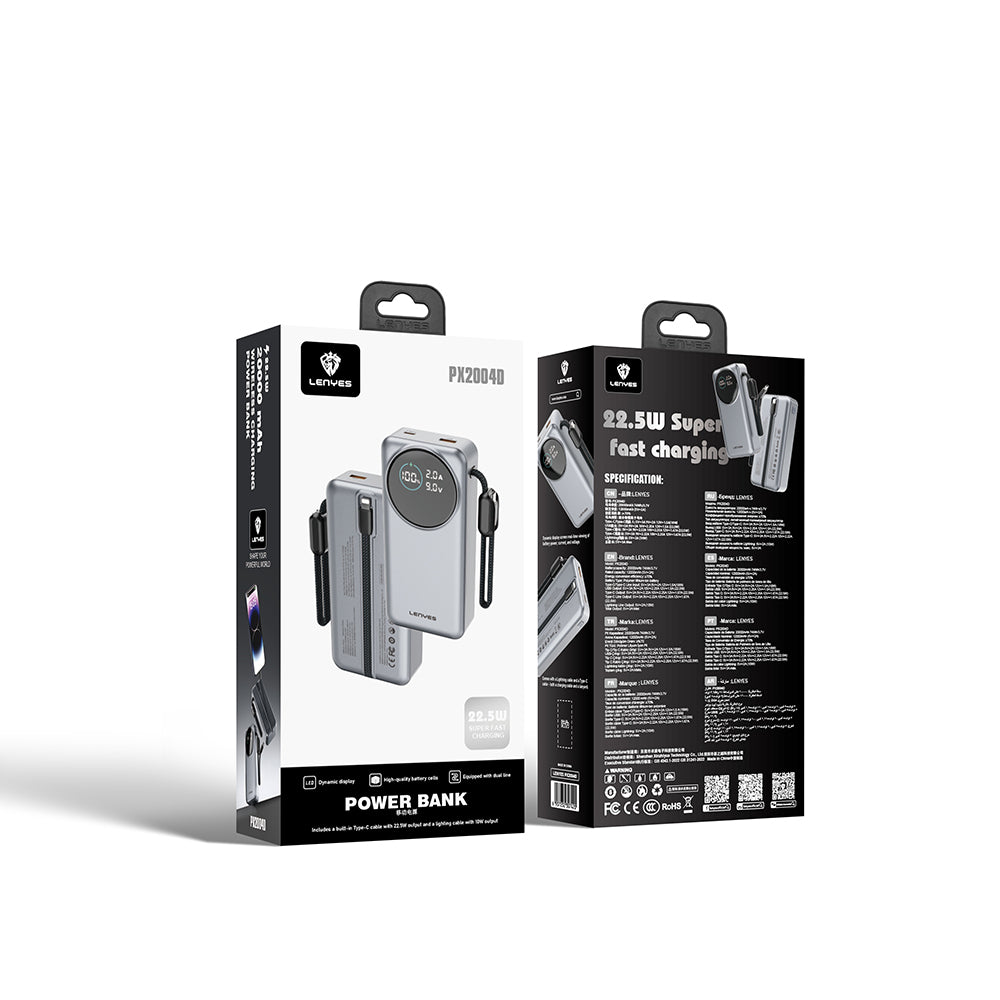 Lenyes PX2004D Dijital LED Ekranlı Lightning Kablolu Powerbank 22.5W 20.000mAh