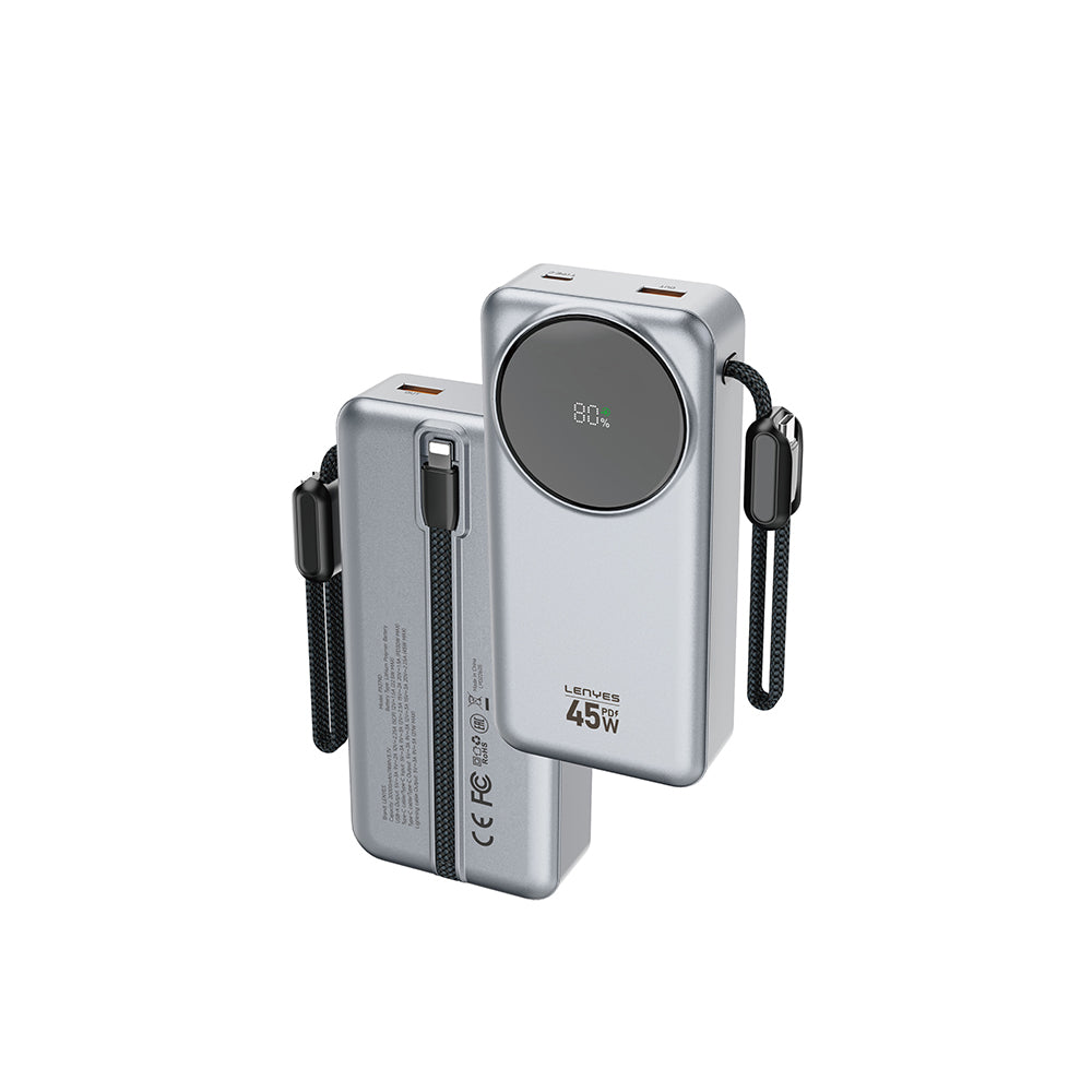 Lenyes PX279D Dijital LED Ekranlı Type-C ve Lightning Kablolu Powerbank 45W 20.000mAh