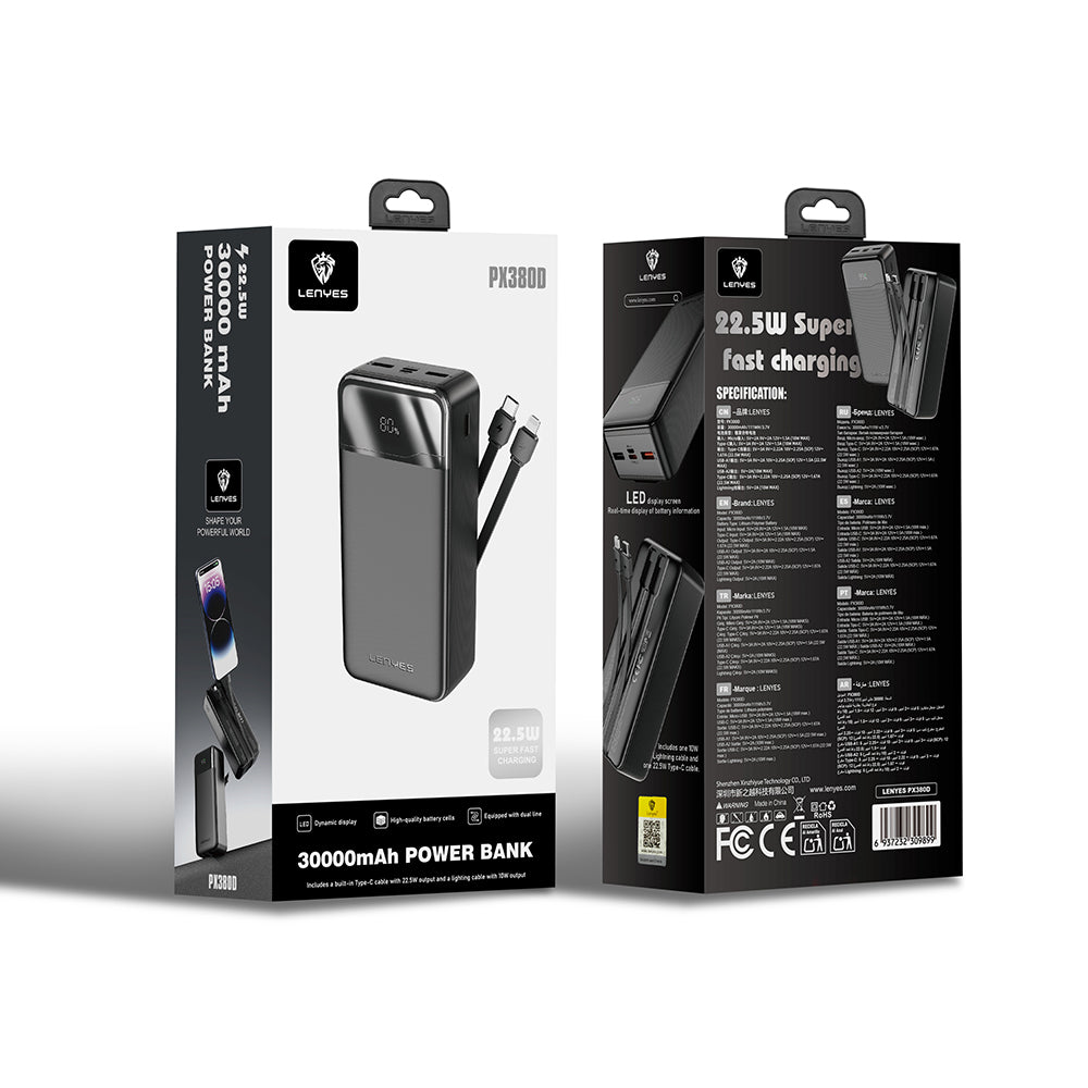 Lenyes PX380D Dijital LED Ekranlı Type-C ve Lightning Kablolu Powerbank 22.5W 30.000mAh