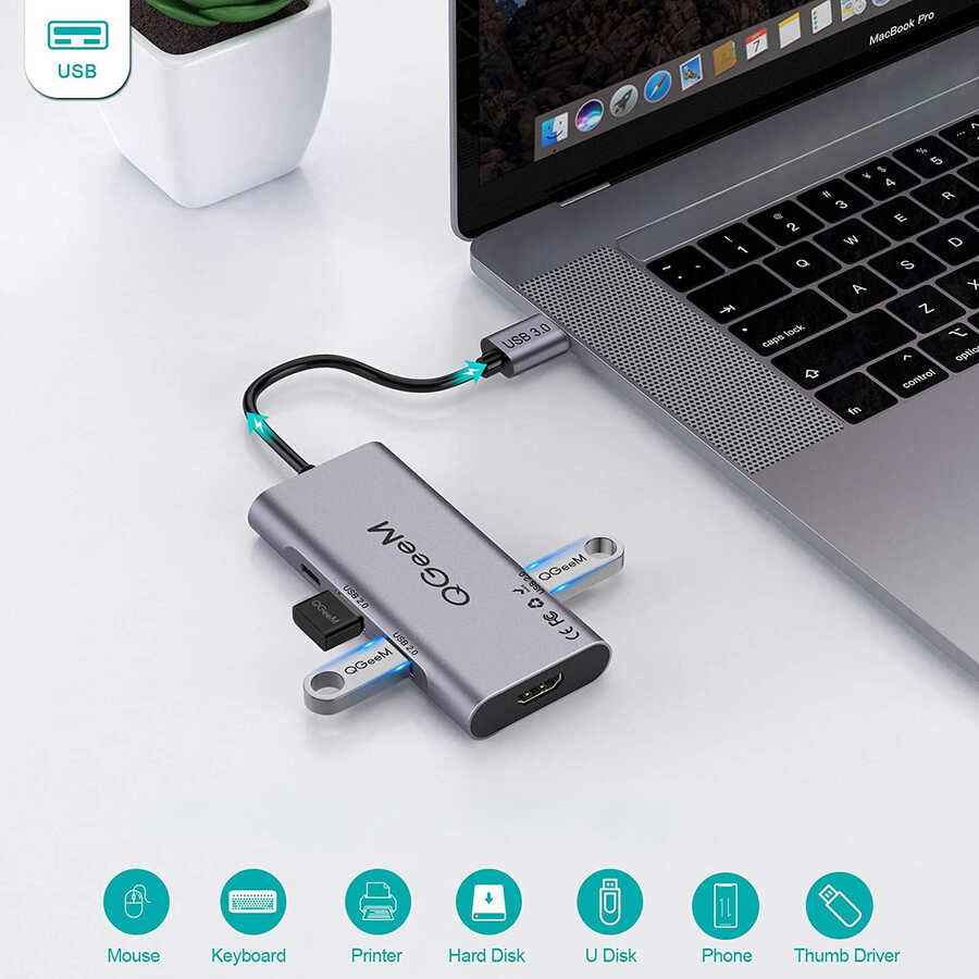 Qgeem QG-UH07-A Type-C Çoğaltıcı ve Dönüştürücü Hub Usb 3.0 HDMI 4K SD Kart 85W 5120Mbps