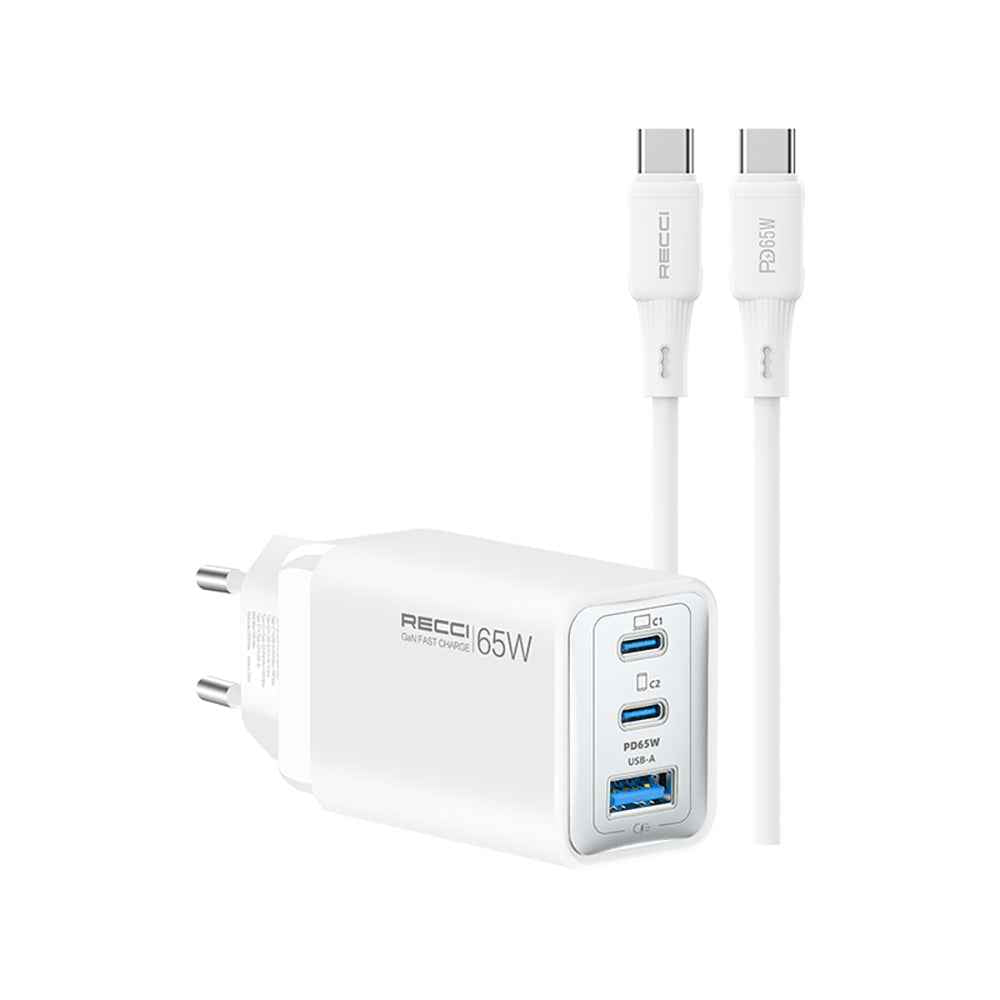 Recci RC123E Type-C PD GaN Teknolojili Mini Hızlı Şarj Seti 65W 1M
