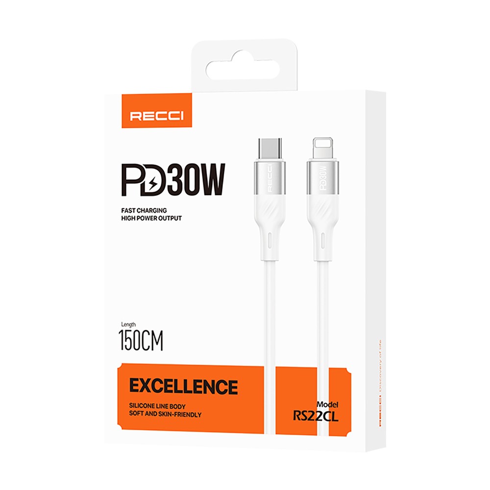 Recci RS22CL Excellence Serisi Type-C to Lightning PD 30W Hızlı Şarj Özellikli Data ve Şarj Kablosu 1.5M