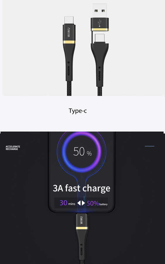 Wiwu ED-106 2 in 1 USB A- Type-C to Type-C Elite Data Kablo
