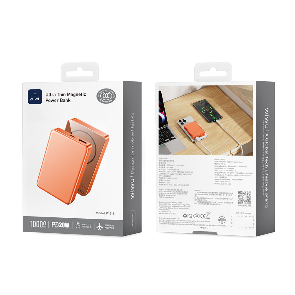 Wiwu P15-1 LED Işık Göstergeli Ultra İnce PD 20W Kablosuz Powerbank 10000mAh 15W