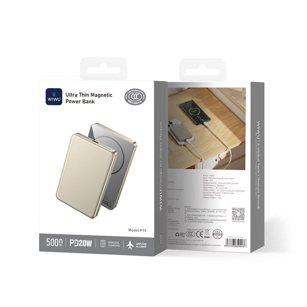 Wiwu P15 LED Işık Göstergeli Ultra İnce PD 20W Kablosuz Powerbank 5000mAh 15W