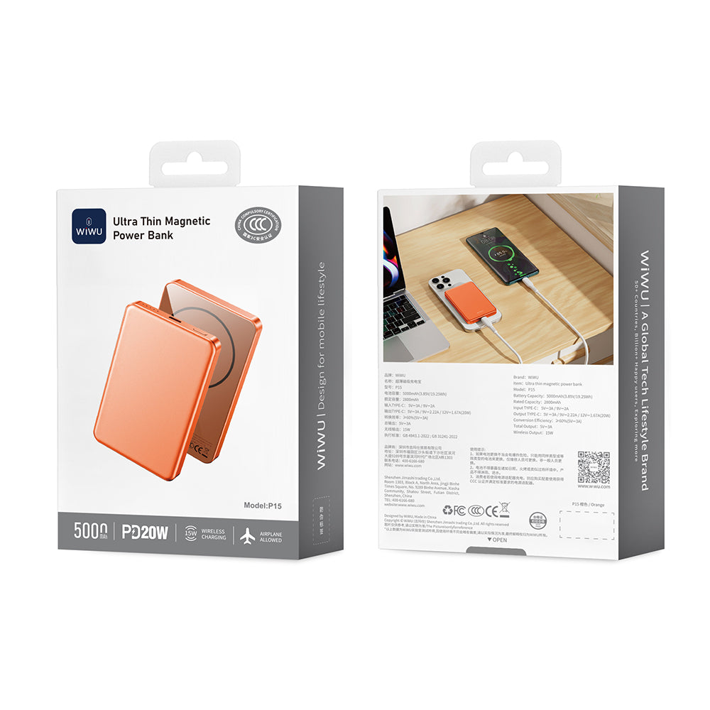 Wiwu P15 LED Işık Göstergeli Ultra İnce PD 20W Kablosuz Powerbank 5000mAh 15W
