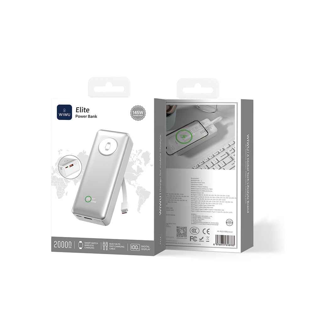 Wiwu Wi-P023 Elite Serisi Dijital LED Göstergeli Akıllı Saat Kablosuz Şarj Özellikli Taşınabilir Powerbank 20000mAh 145W