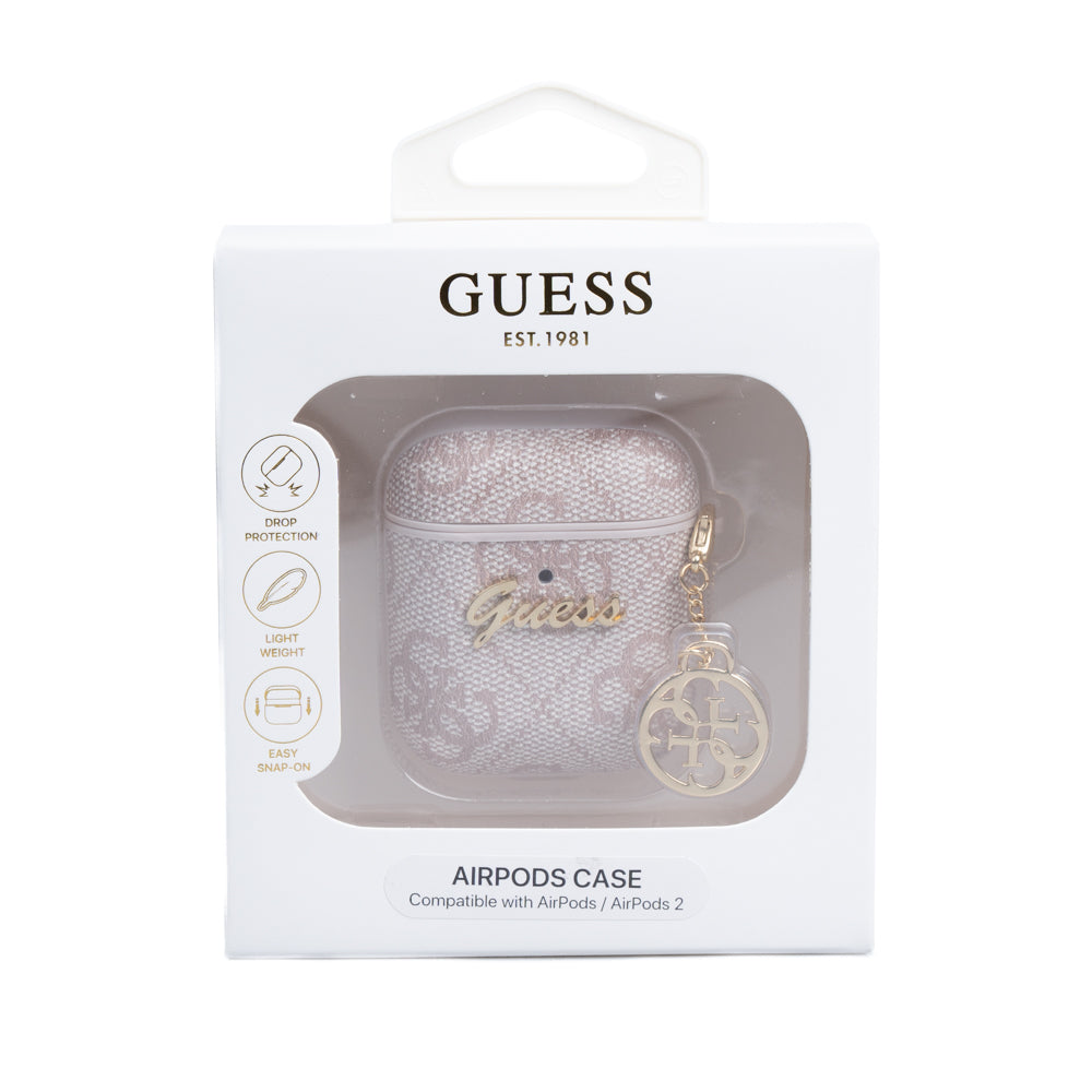 Apple Airpods Kılıf Guess Orjinal Lisanslı 4G Desenli Metal Script Logolu 4G Charm Sağdan Askılı PU Deri Kılıf
