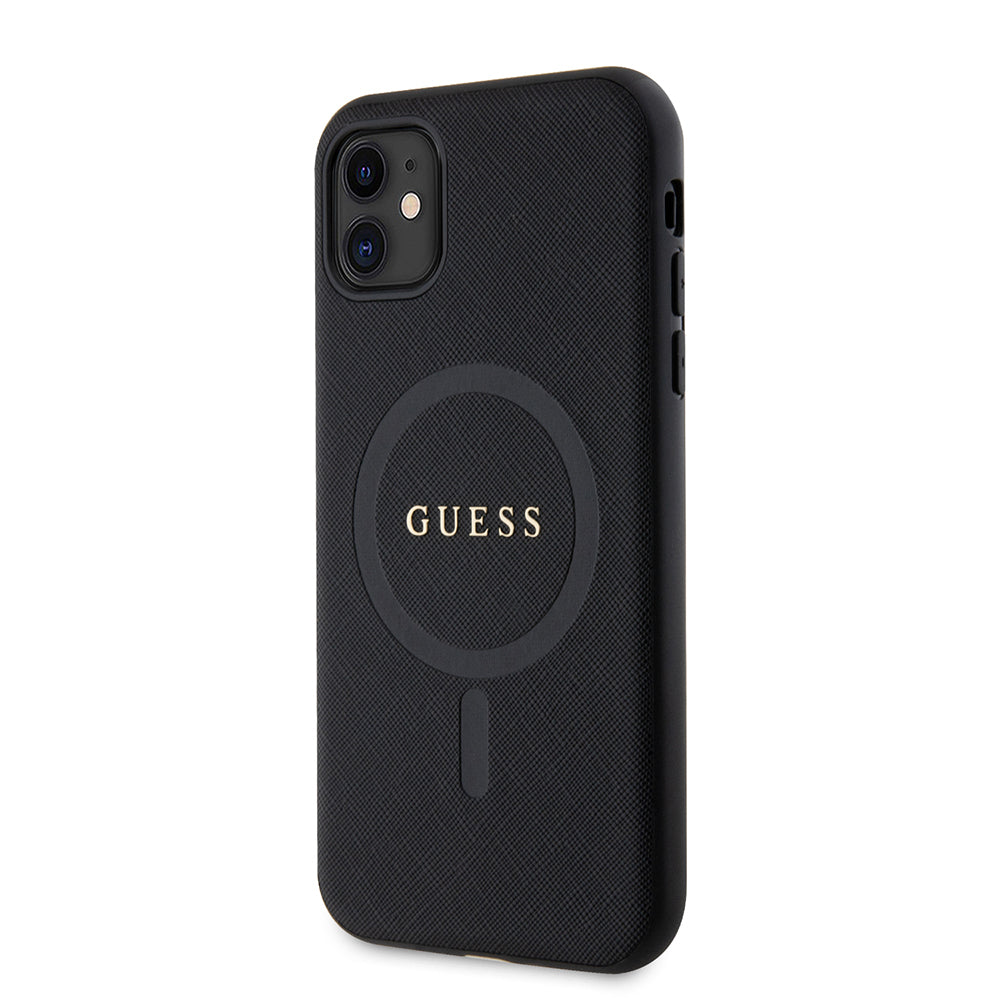 Apple iPhone 11 Kılıf Guess Orjinal Lisanslı M-safe Şarj Özellikli Yazı Logolu Saffiano Classic Kapak