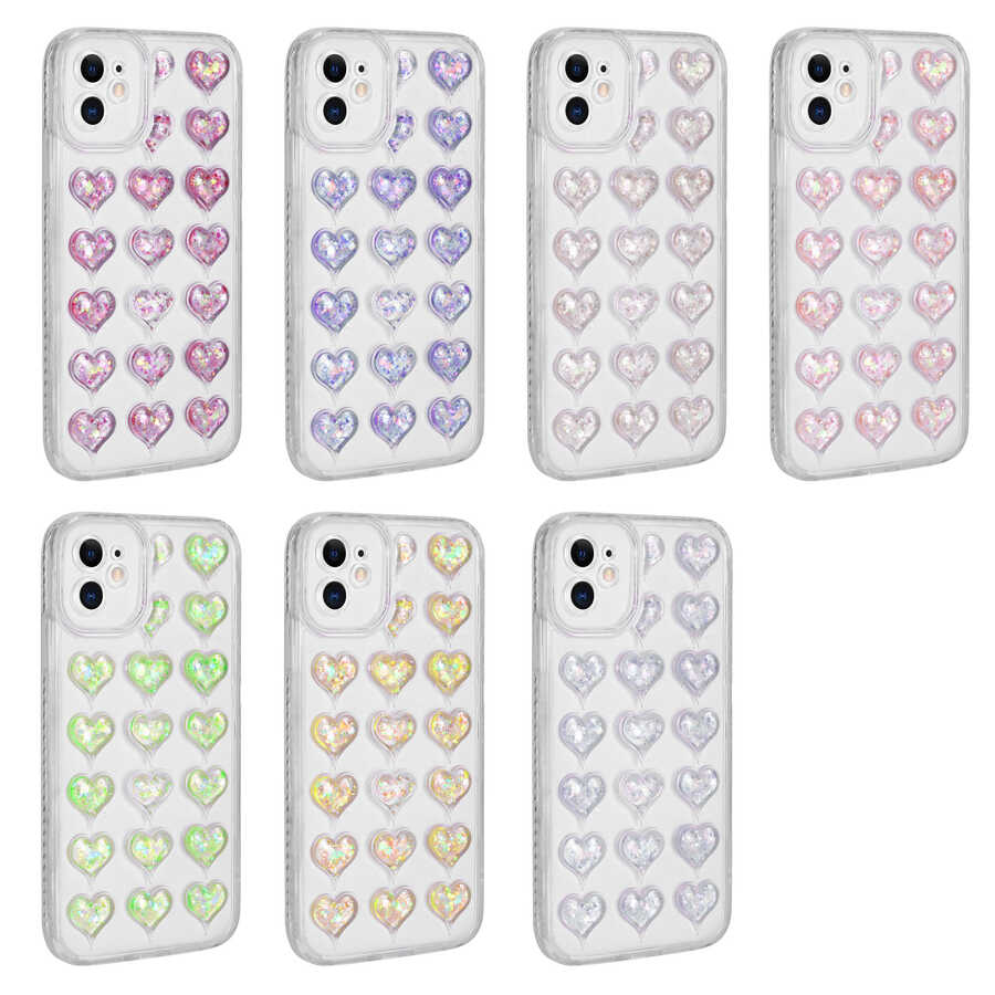 Apple iPhone 11 Kılıf Kamera Korumalı Renkli Kalp Desenli Transparan Zore Kalp Kapak