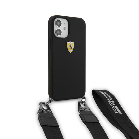 Apple iPhone 12 Kılıf Ferrari Orjinal Lisanslı Askılı Metal Logolu Kapak