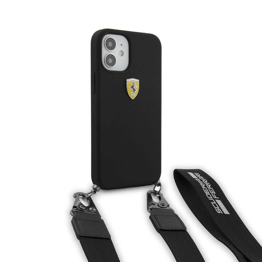 Apple iPhone 12 Kılıf Ferrari Orjinal Lisanslı Askılı Metal Logolu Kapak