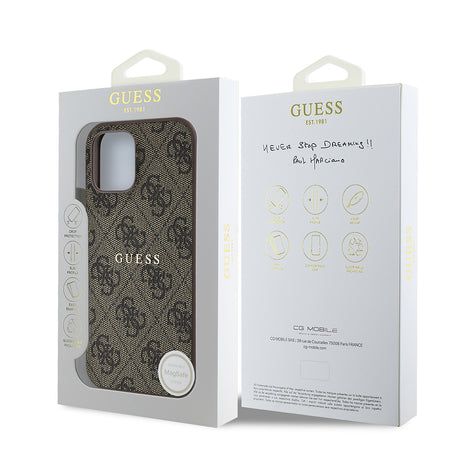 Apple iPhone 12 Kılıf Guess Orjinal Lisanslı M-safe Şarj Özellikli 4G Desen Yazı Logolu Kapak