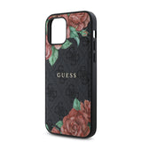 Apple iPhone 12 Kılıf Guess Orjinal Lisanslı M-safe Şarj Özellikli Gül Baskılı 4G Desenli Yazı Logolu Kapak