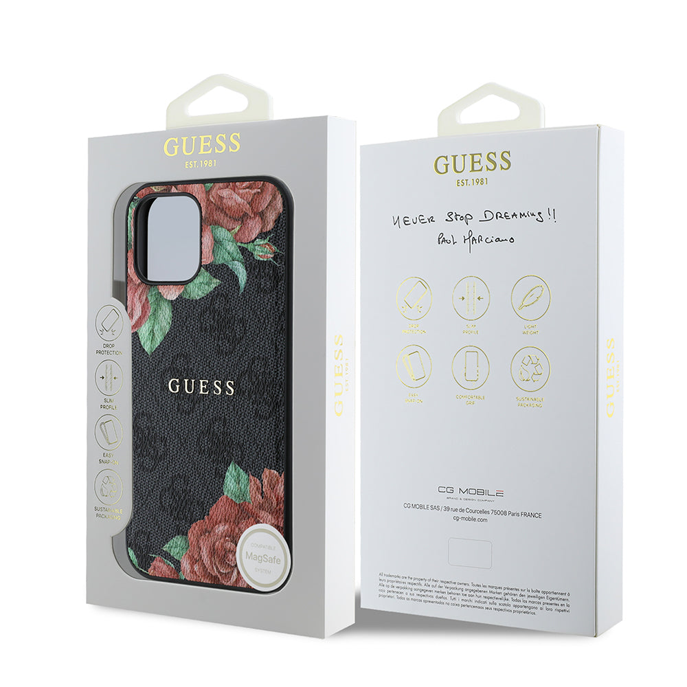Apple iPhone 12 Kılıf Guess Orjinal Lisanslı M-safe Şarj Özellikli Gül Baskılı 4G Desenli Yazı Logolu Kapak