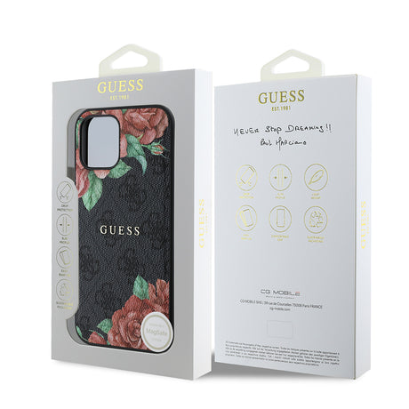 Apple iPhone 12 Kılıf Guess Orjinal Lisanslı M-safe Şarj Özellikli Gül Baskılı 4G Desenli Yazı Logolu Kapak
