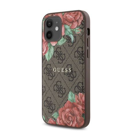 Apple iPhone 12 Kılıf Guess Orjinal Lisanslı M-safe Şarj Özellikli Gül Baskılı 4G Desenli Yazı Logolu Kapak
