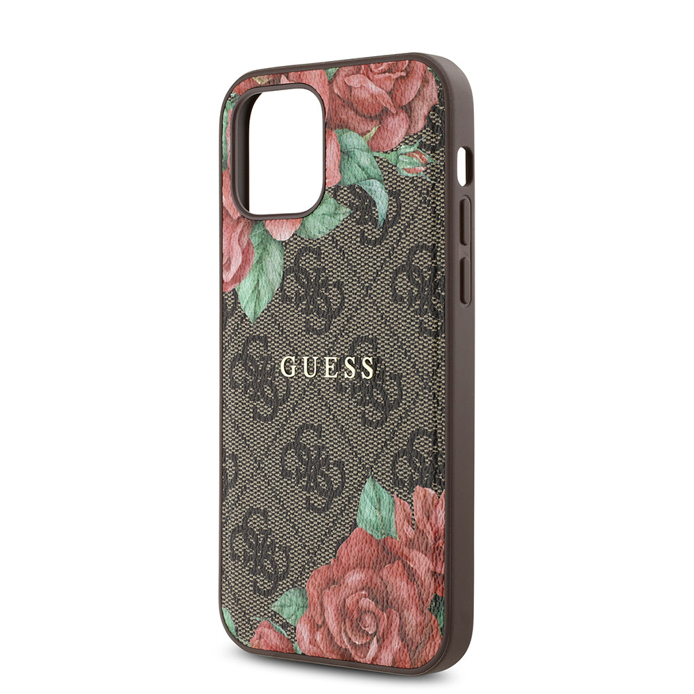 Apple iPhone 12 Kılıf Guess Orjinal Lisanslı M-safe Şarj Özellikli Gül Baskılı 4G Desenli Yazı Logolu Kapak