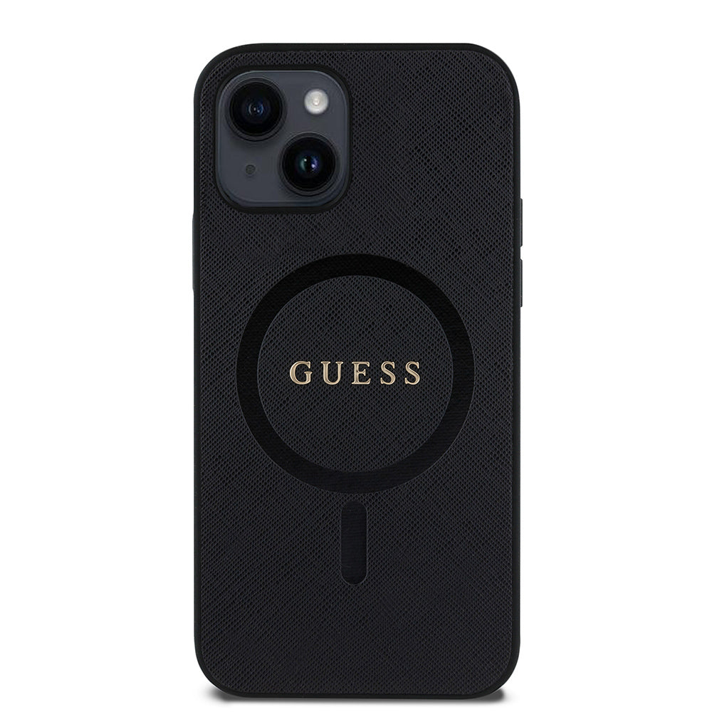 Apple iPhone 12 Kılıf Guess Orjinal Lisanslı M-safe Şarj Özellikli Yazı Logolu Saffiano Classic Kapak