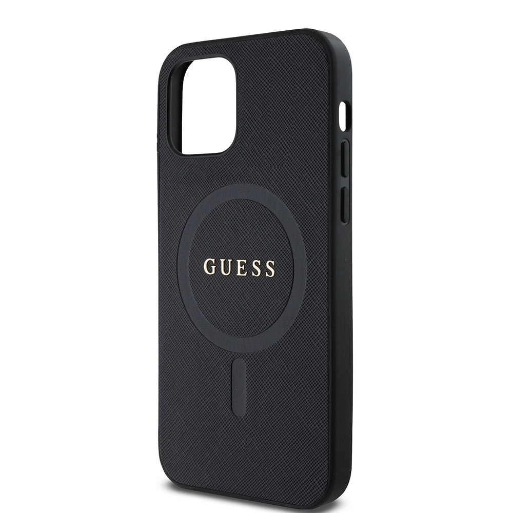 Apple iPhone 12 Kılıf Guess Orjinal Lisanslı M-safe Şarj Özellikli Yazı Logolu Saffiano Classic Kapak