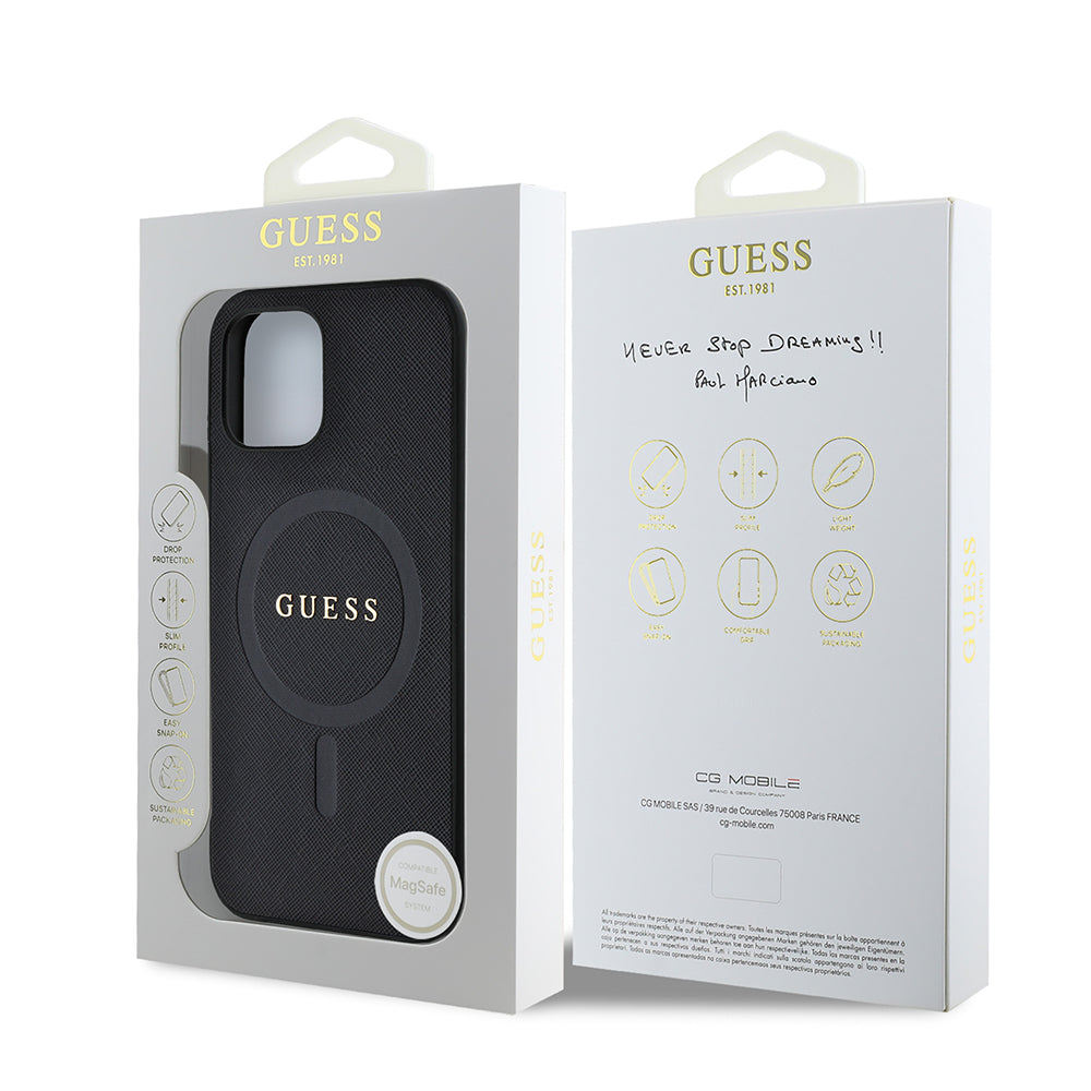Apple iPhone 12 Kılıf Guess Orjinal Lisanslı M-safe Şarj Özellikli Yazı Logolu Saffiano Classic Kapak