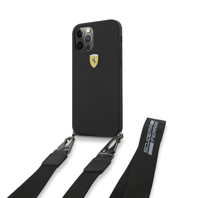 Apple iPhone 12 Pro Kılıf Ferrari Orjinal Lisanslı Askılı Metal Logolu Kapak