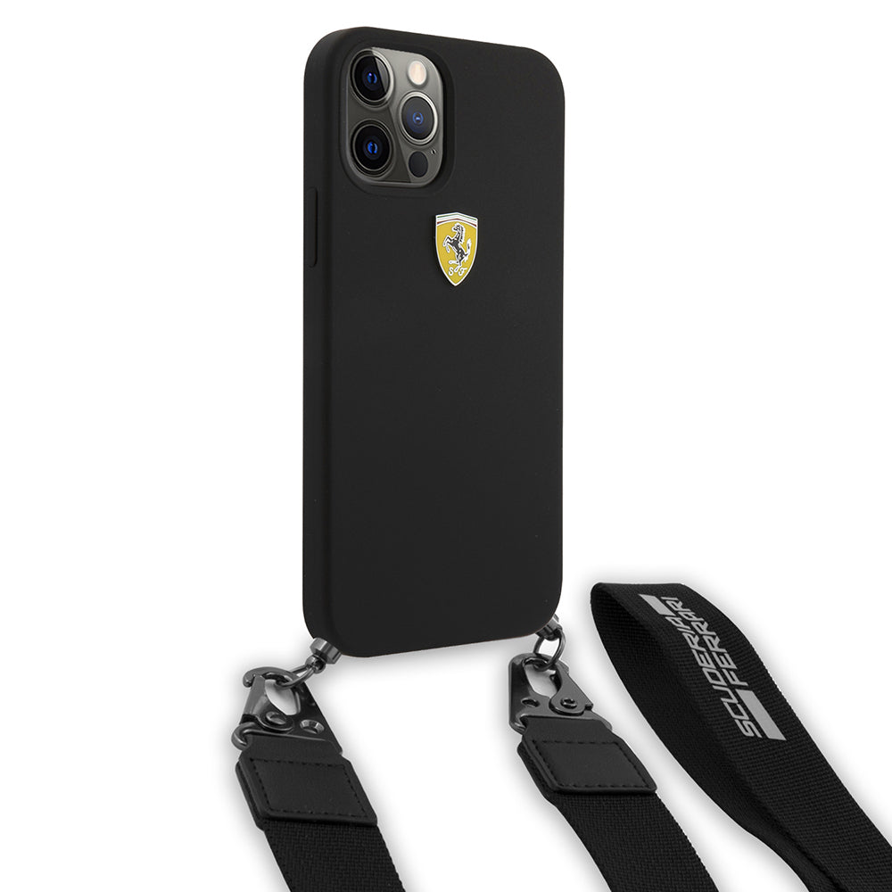 Apple iPhone 12 Pro Kılıf Ferrari Orjinal Lisanslı Askılı Metal Logolu Kapak