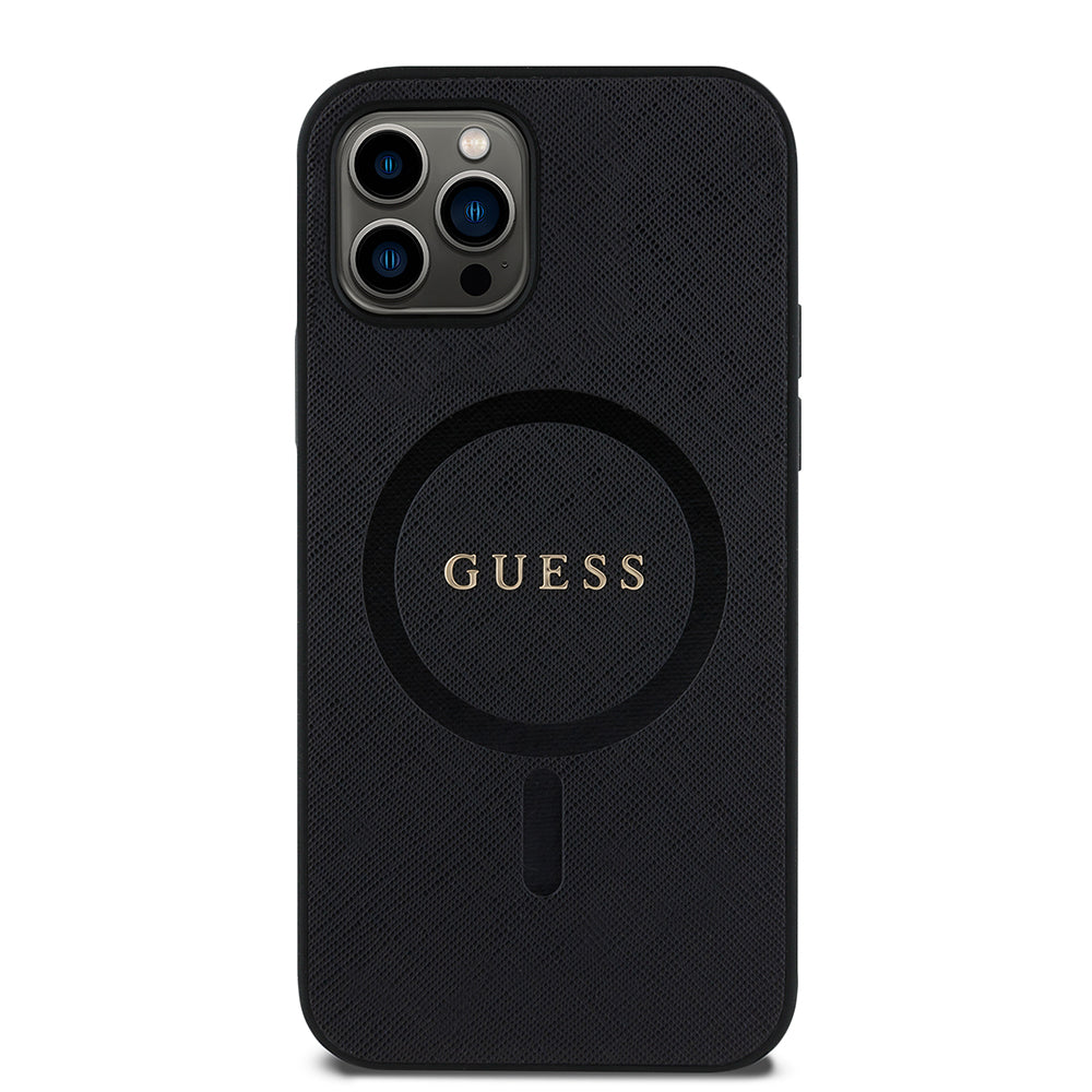 Apple iPhone 12 Pro Kılıf Guess Orjinal Lisanslı M-safe Şarj Özellikli Yazı Logolu Saffiano Classic Kapak
