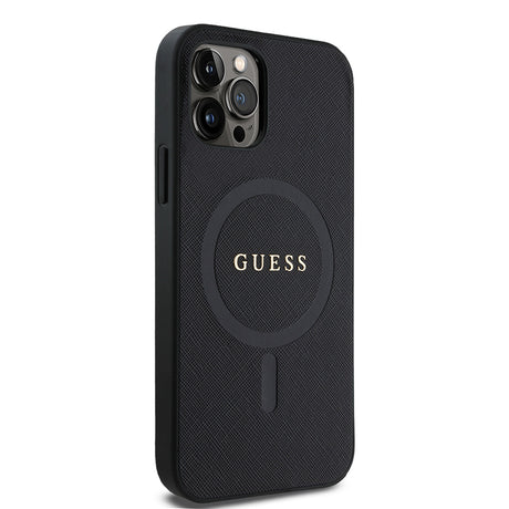 Apple iPhone 12 Pro Kılıf Guess Orjinal Lisanslı M-safe Şarj Özellikli Yazı Logolu Saffiano Classic Kapak