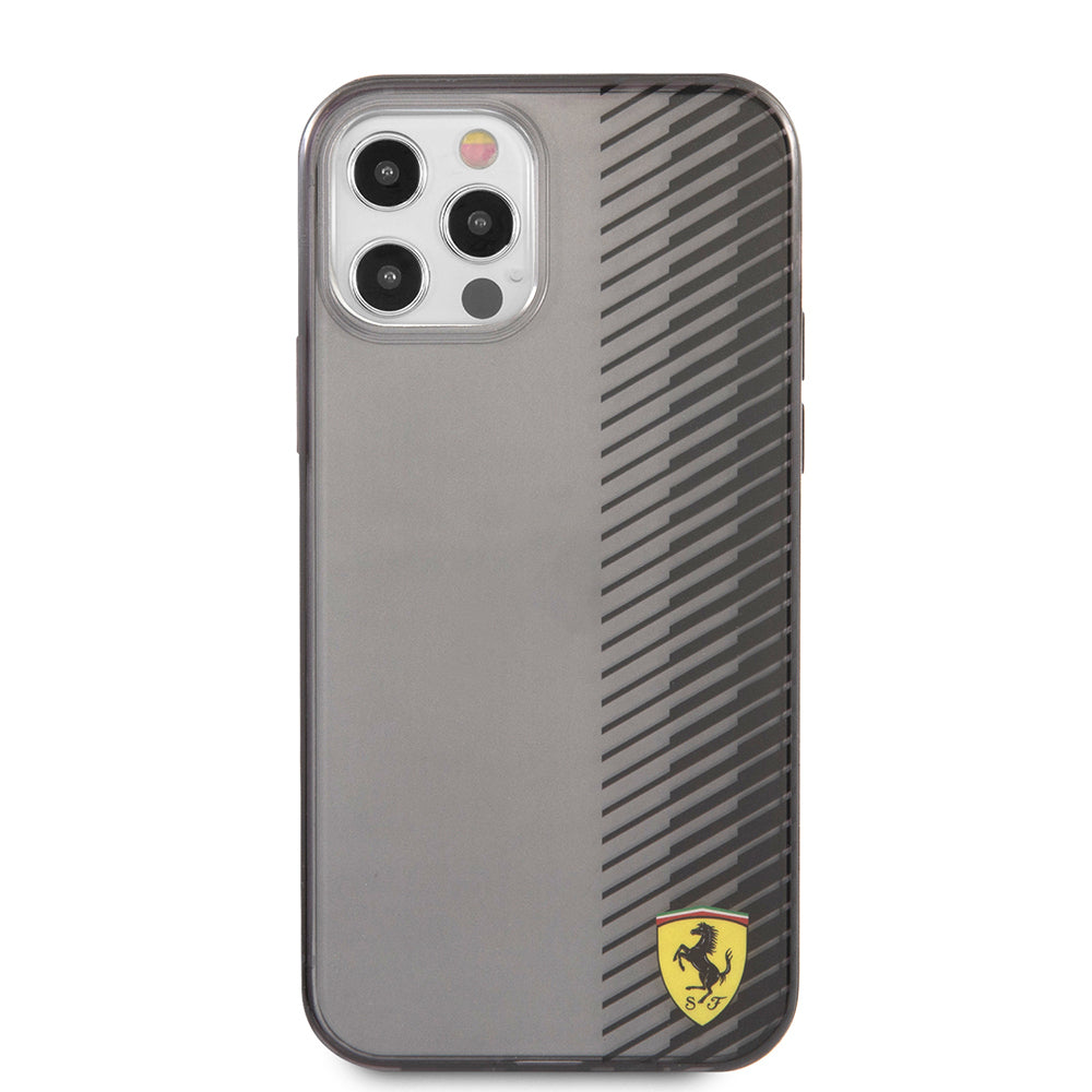 Apple iPhone 12 Pro Max Kılıf Ferrari Orjinal Lisanlı Klasik Metal Logolu Transparan Çizgi Desenli Gradient Kapak