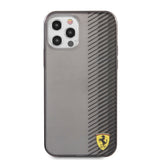 Apple iPhone 12 Pro Max Kılıf Ferrari Orjinal Lisanlı Klasik Metal Logolu Transparan Çizgi Desenli Gradient Kapak