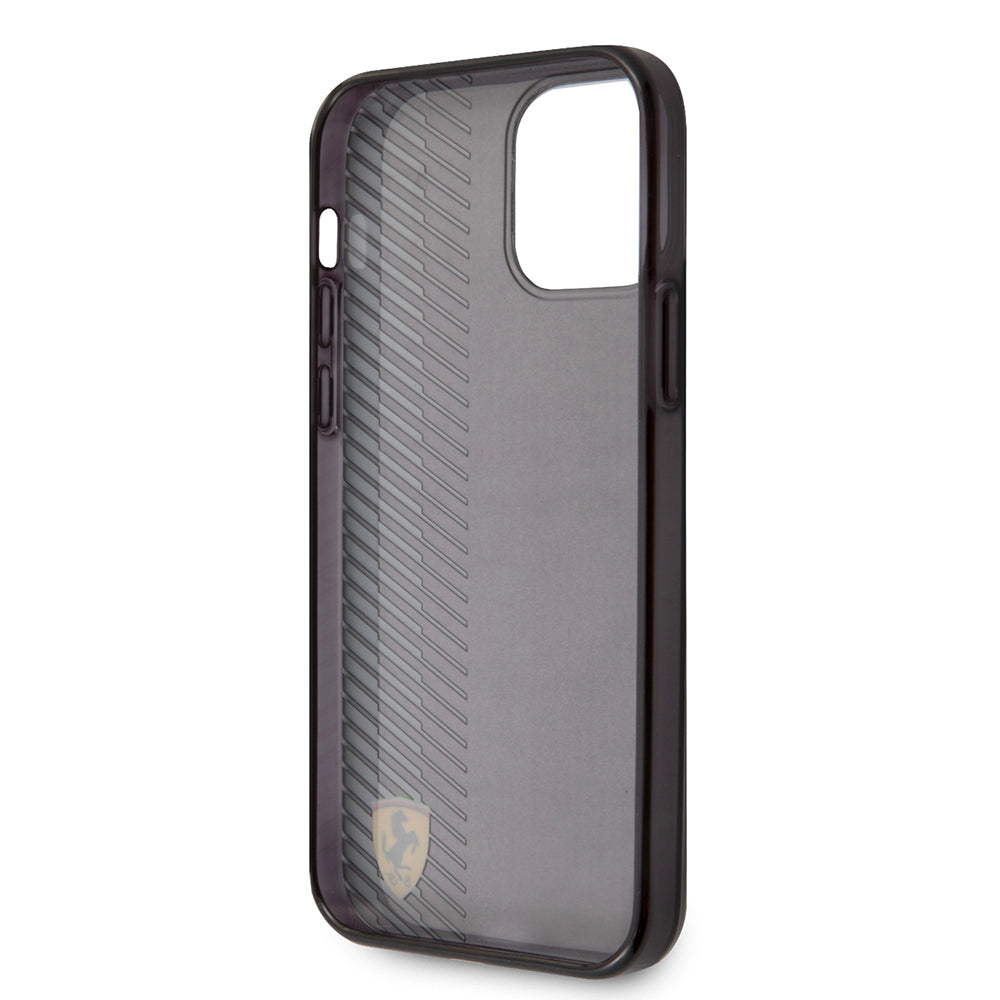 Apple iPhone 12 Pro Max Kılıf Ferrari Orjinal Lisanlı Klasik Metal Logolu Transparan Çizgi Desenli Gradient Kapak