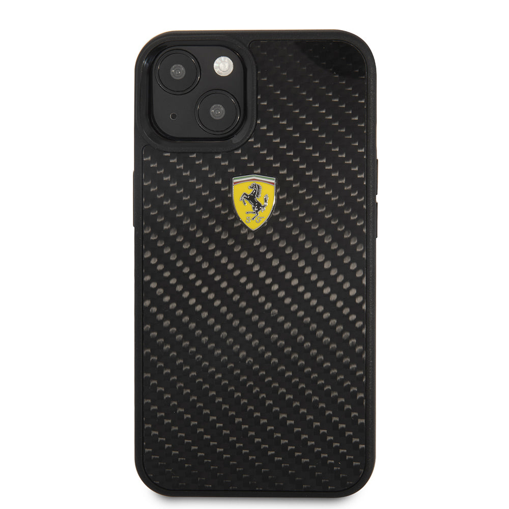 Apple iPhone 13 Mini Kılıf Ferrari Orjinal Lisanlı Klasik Metal Logolu Karbon Dizayn Kapak