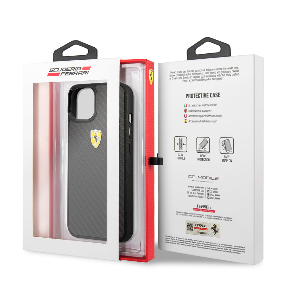 Apple iPhone 13 Mini Kılıf Ferrari Orjinal Lisanlı Klasik Metal Logolu Karbon Dizayn Kapak