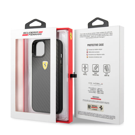 Apple iPhone 13 Mini Kılıf Ferrari Orjinal Lisanlı Klasik Metal Logolu Karbon Dizayn Kapak