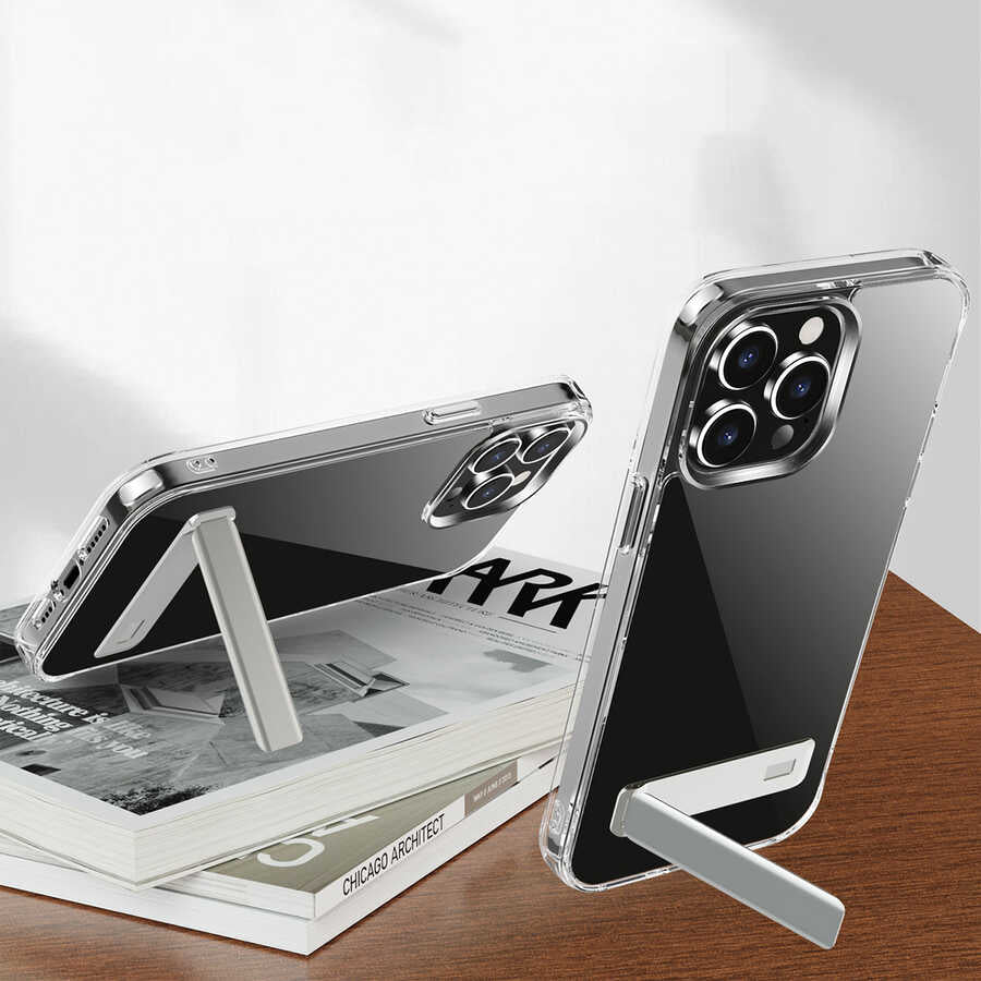 Apple iPhone 13 Pro Kılıf Standlı Şeffaf Silikon Zore L-Stand Kapak