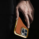 Apple iPhone 13 Pro Kılıf Wiwu Genuine Leather Gold Calfskin Orjinal Deri Kapak