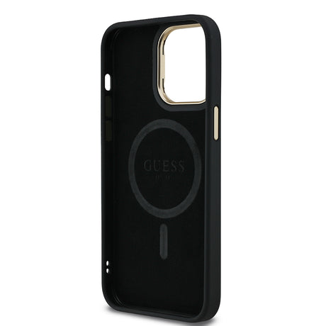 Apple iPhone 13 Pro Max Kılıf Guess Orjinal Lisanslı PU Deri Taşlı Üçgen Logo 4G Desenli Kamera Standlı Kapak