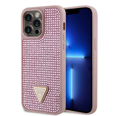 Apple iPhone 13 Pro Max Kılıf Guess Orjinal Lisanslı Taşlı Arka Yüzey Üçgen Logolu Kapak