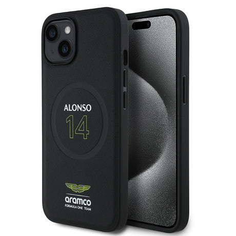 Apple iPhone 14 Kılıf Aston Martin Orjinal Lisanslı M-safe Şarj Özellikli PU Deri Alonso 14 Baskılı Kapak