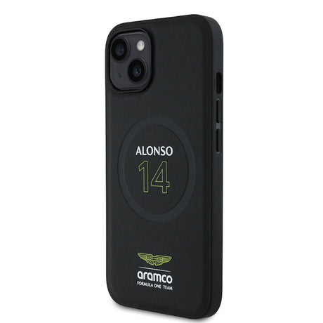 Apple iPhone 14 Kılıf Aston Martin Orjinal Lisanslı M-safe Şarj Özellikli PU Deri Alonso 14 Baskılı Kapak