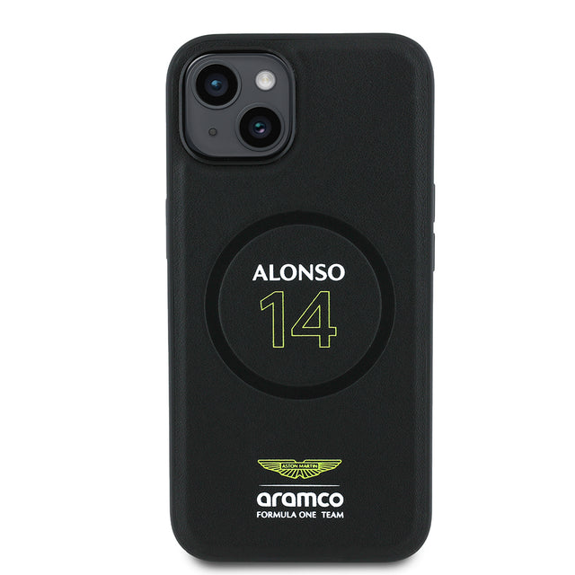 Apple iPhone 14 Kılıf Aston Martin Orjinal Lisanslı M-safe Şarj Özellikli PU Deri Alonso 14 Baskılı Kapak