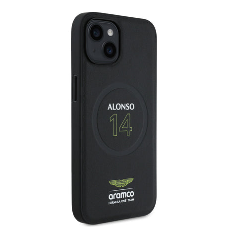 Apple iPhone 14 Kılıf Aston Martin Orjinal Lisanslı M-safe Şarj Özellikli PU Deri Alonso 14 Baskılı Kapak